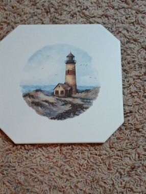 Coastal Lighthouse Decorative Tile - White with Nautical Scene